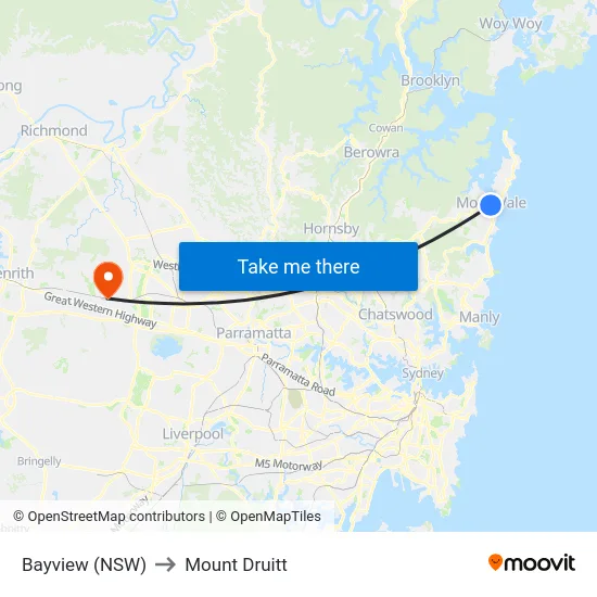 Bayview (NSW) to Mount Druitt map