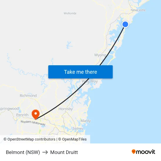 Belmont (NSW) to Mount Druitt map