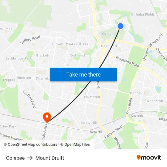 Colebee to Mount Druitt map