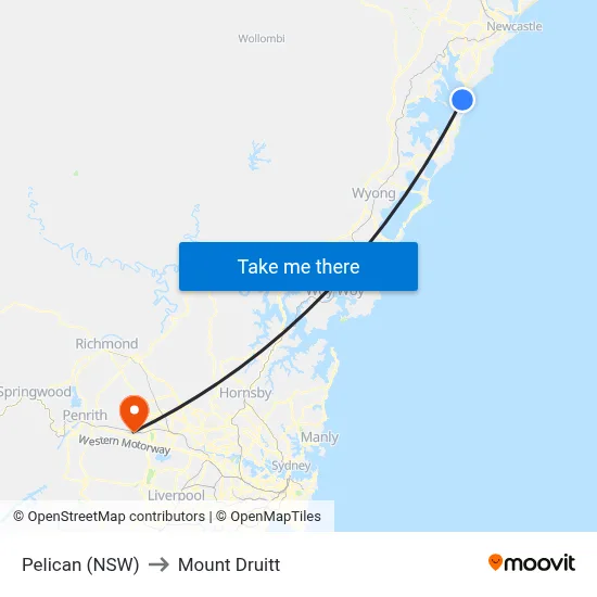 Pelican (NSW) to Mount Druitt map