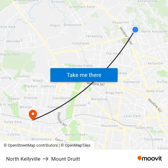 North Kellyville to Mount Druitt map