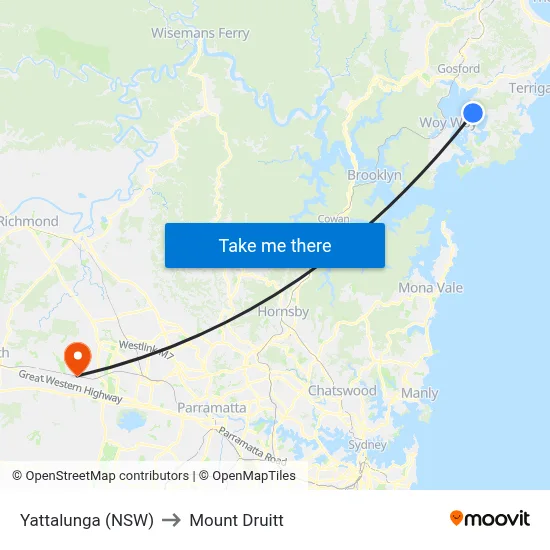 Yattalunga (NSW) to Mount Druitt map
