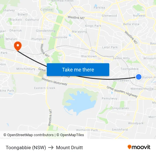 Toongabbie (NSW) to Mount Druitt map