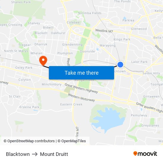 Blacktown to Mount Druitt map