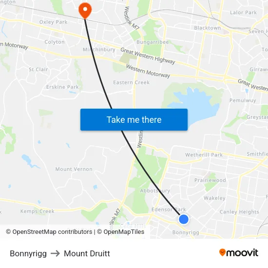Bonnyrigg to Mount Druitt map