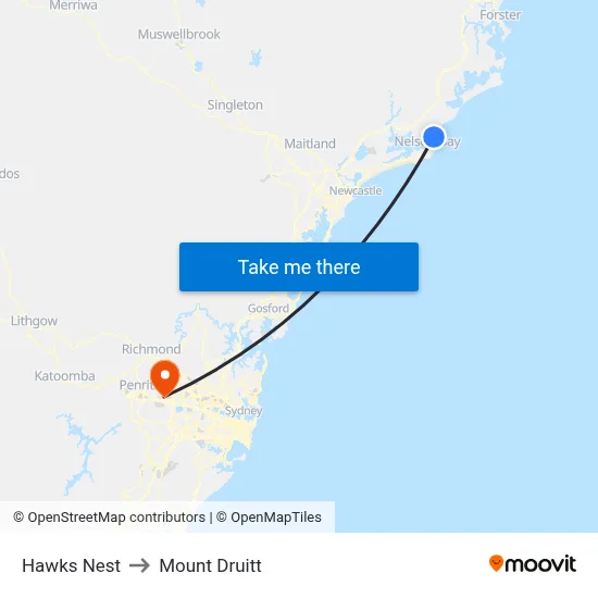 Hawks Nest to Mount Druitt map