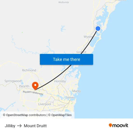 Jilliby to Mount Druitt map