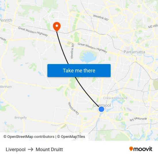 Liverpool to Mount Druitt map