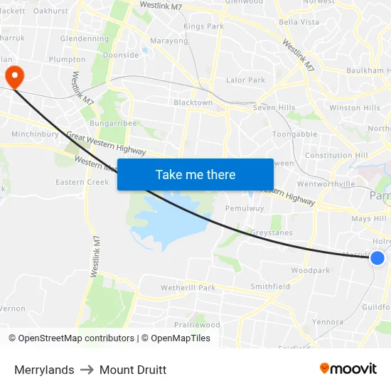 Merrylands to Mount Druitt map