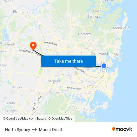 North Sydney to Mount Druitt map