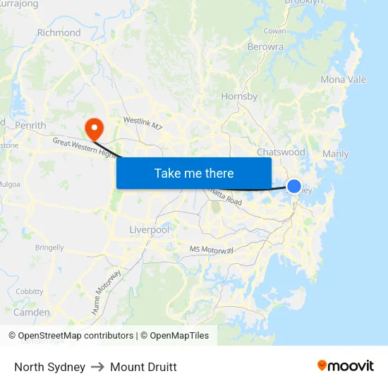 North Sydney to Mount Druitt map