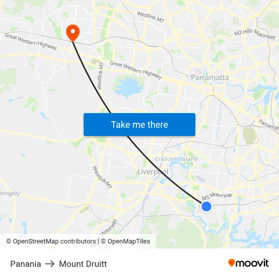 Panania to Mount Druitt map