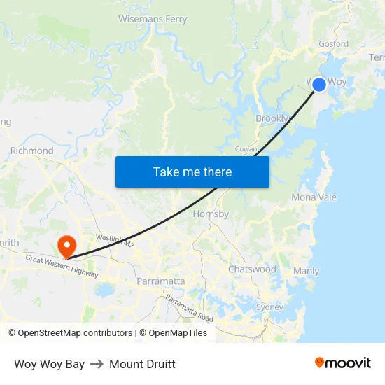 Woy Woy Bay to Mount Druitt map
