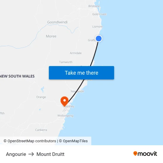 Angourie to Mount Druitt map