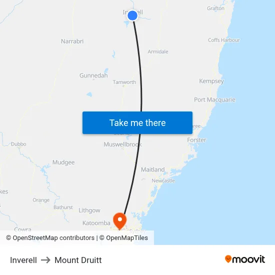 Inverell to Mount Druitt map