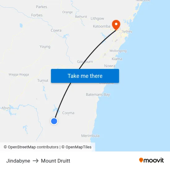 Jindabyne to Mount Druitt map