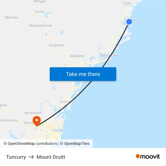 Tuncurry to Mount Druitt map