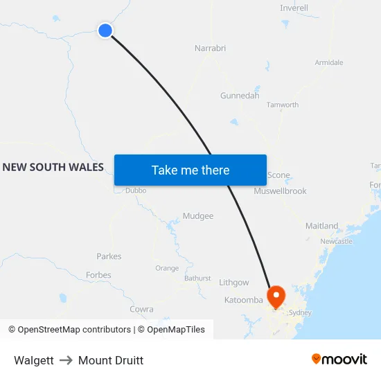 Walgett to Mount Druitt map