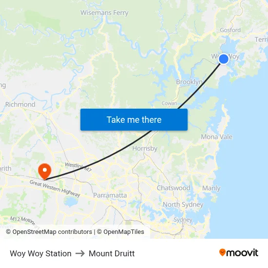 Woy Woy Station to Mount Druitt map