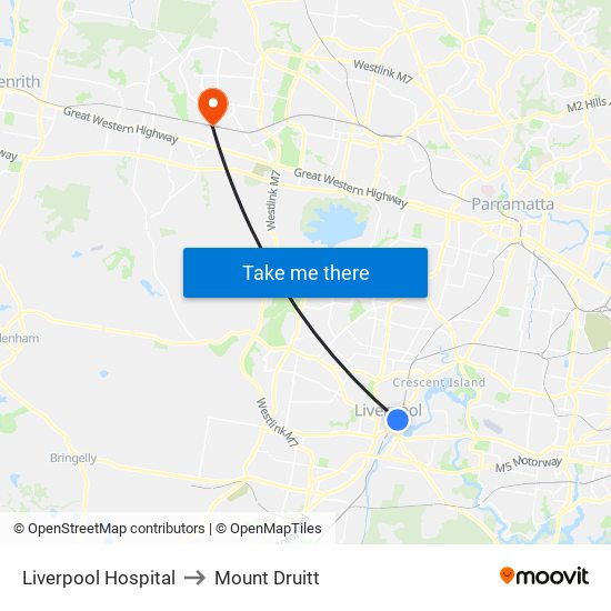Liverpool Hospital to Mount Druitt map