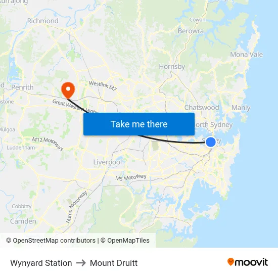 Wynyard Station to Mount Druitt map