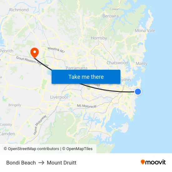Bondi Beach to Mount Druitt map
