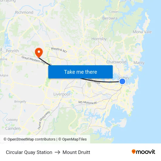 Circular Quay Station to Mount Druitt map