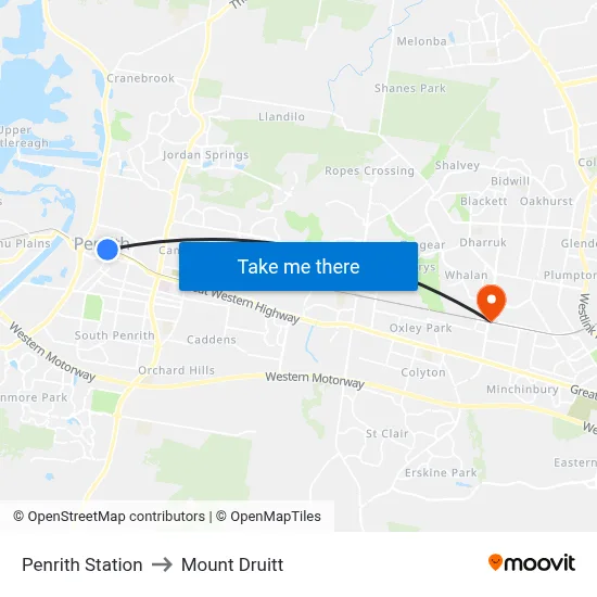 Penrith Station to Mount Druitt map