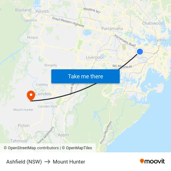 Ashfield (NSW) to Mount Hunter map