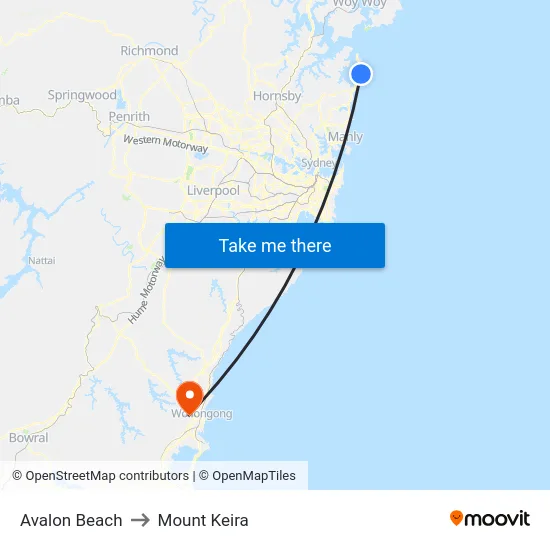 Avalon Beach to Mount Keira map