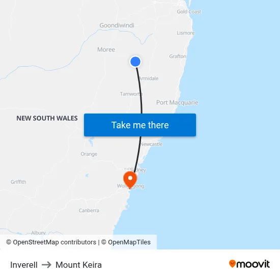 Inverell to Mount Keira map