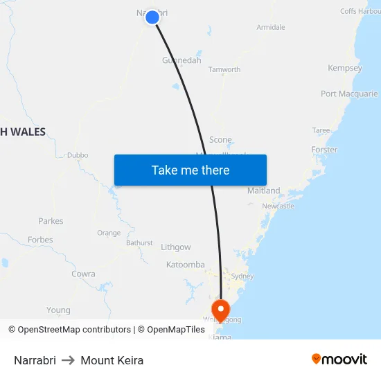 Narrabri to Mount Keira map