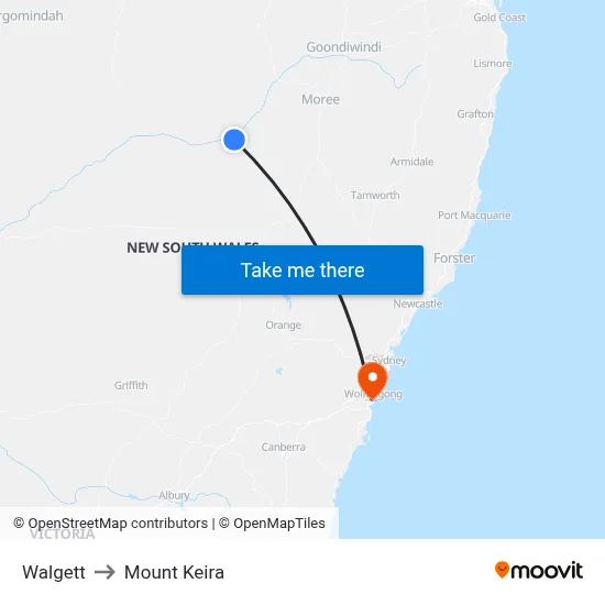 Walgett to Mount Keira map
