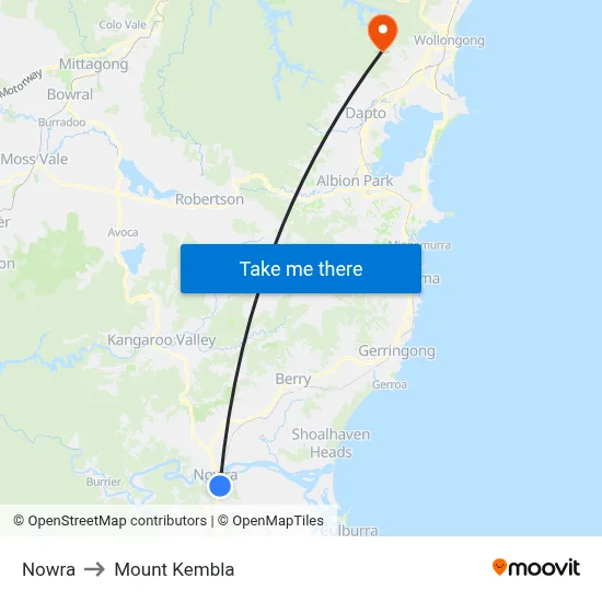 Nowra to Mount Kembla map