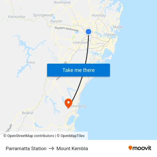 Parramatta Station to Mount Kembla map