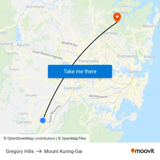Gregory Hills to Mount Kuring-Gai map