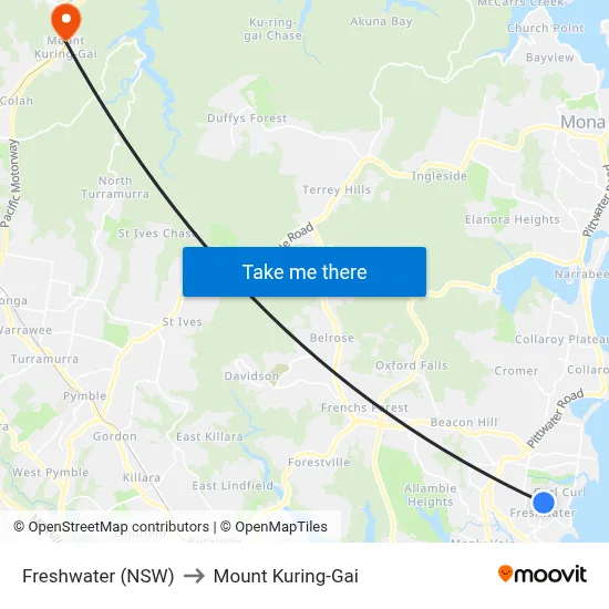 Freshwater (NSW) to Mount Kuring-Gai map