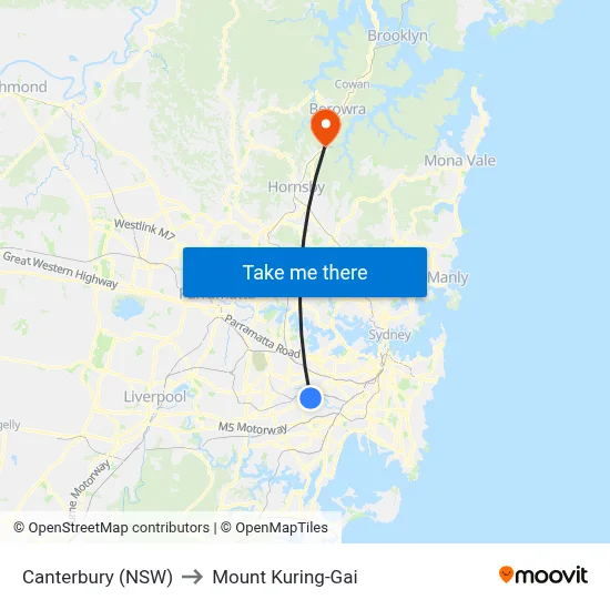 Canterbury (NSW) to Mount Kuring-Gai map