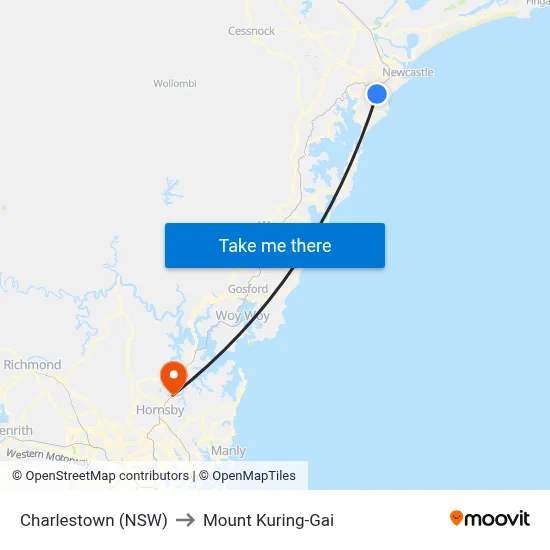 Charlestown (NSW) to Mount Kuring-Gai map