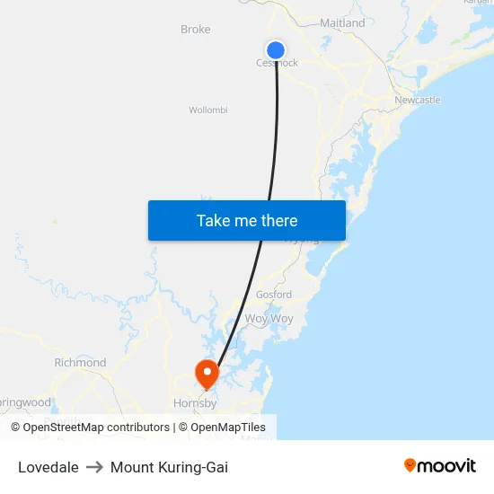 Lovedale to Mount Kuring-Gai map