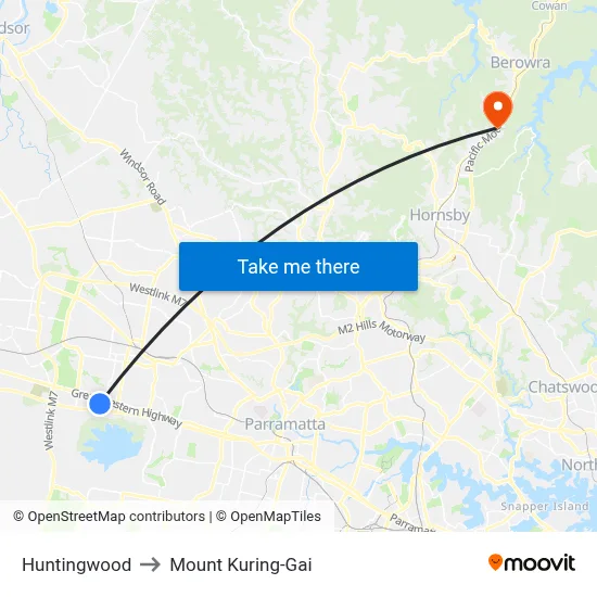 Huntingwood to Mount Kuring-Gai map
