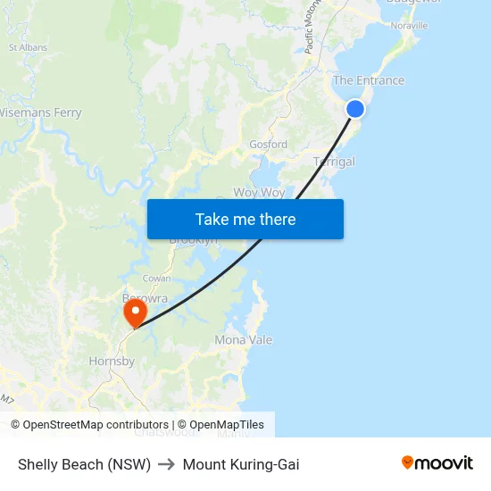 Shelly Beach (NSW) to Mount Kuring-Gai map