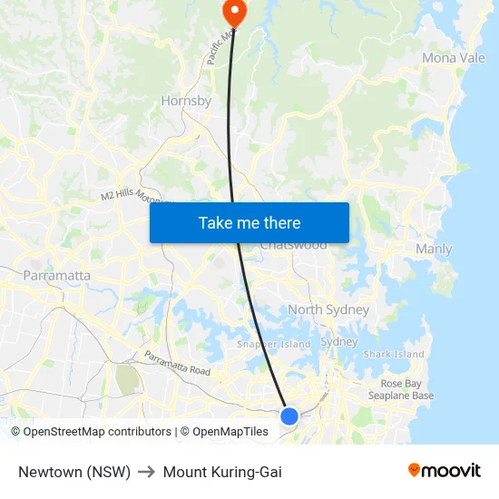 Newtown (NSW) to Mount Kuring-Gai map