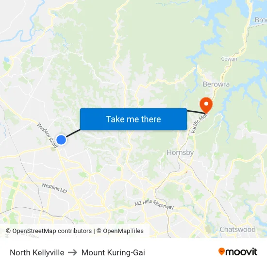 North Kellyville to Mount Kuring-Gai map