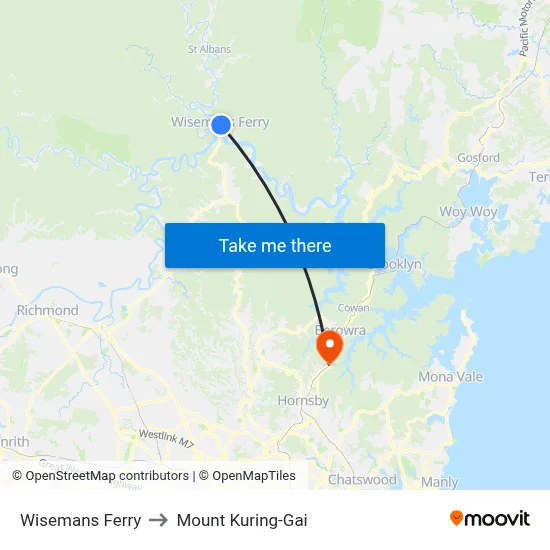 Wisemans Ferry to Mount Kuring-Gai map