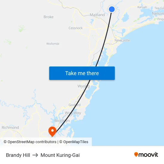 Brandy Hill to Mount Kuring-Gai map