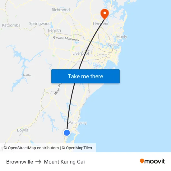 Brownsville to Mount Kuring-Gai map