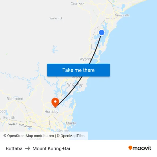 Buttaba to Mount Kuring-Gai map
