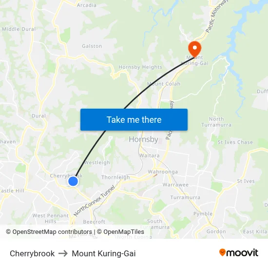 Cherrybrook to Mount Kuring-Gai map