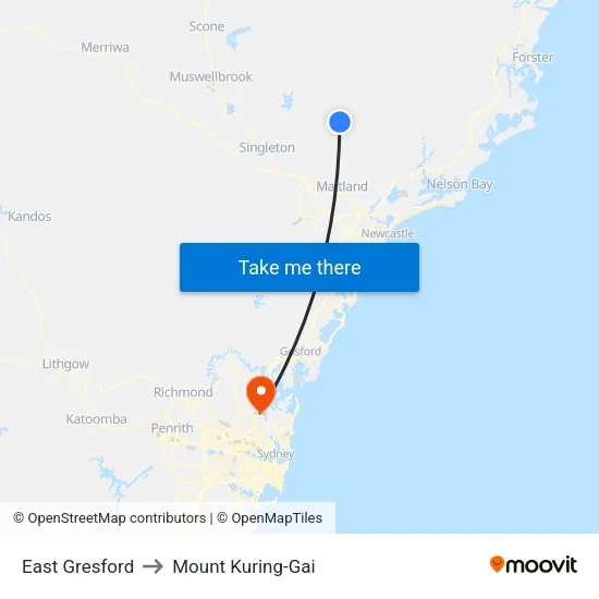 East Gresford to Mount Kuring-Gai map